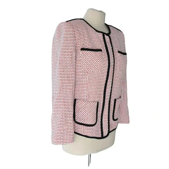 CeCe Cotton Tweed Style Blazer Cropped Black Piping Size 12 Career Twee - Picture 2 of 6